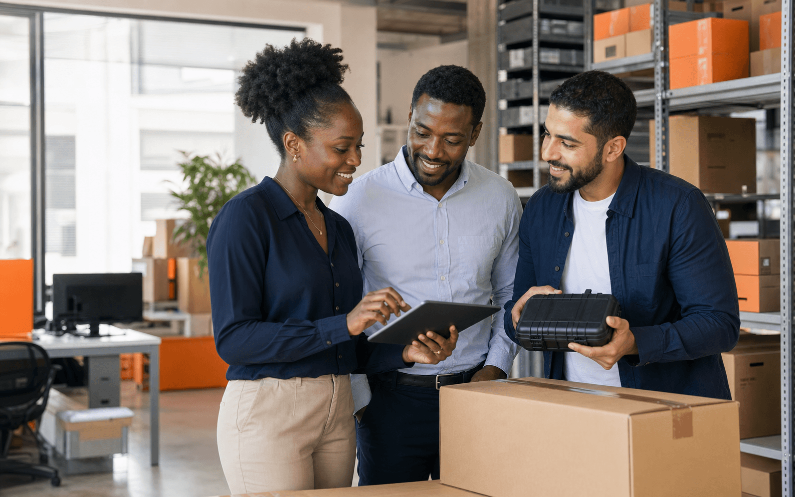 Three technology trade professionals collaborating in a distribution workspace